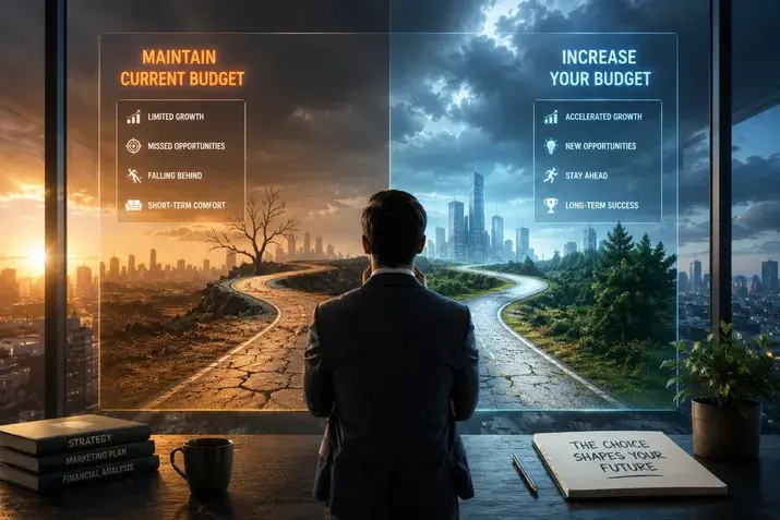 Split image comparing limited growth on the current budget with long-term success
