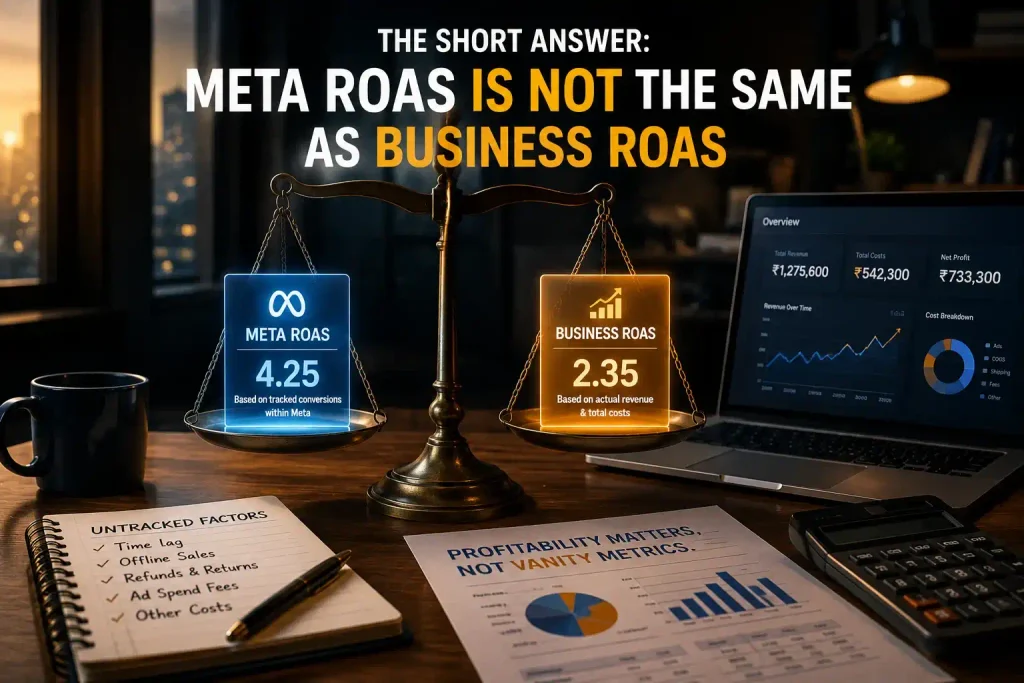 Chart showing untracked costs causing gap between Meta and business ROAS
