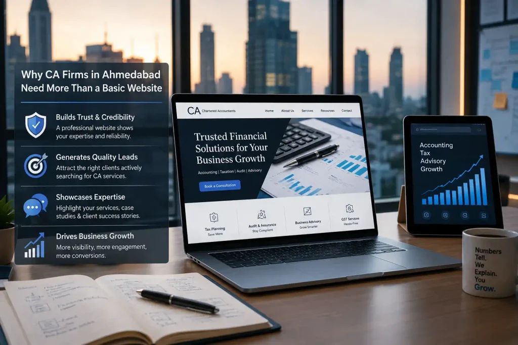 CA website on laptop highlighting trust, leads, expertise, and growth