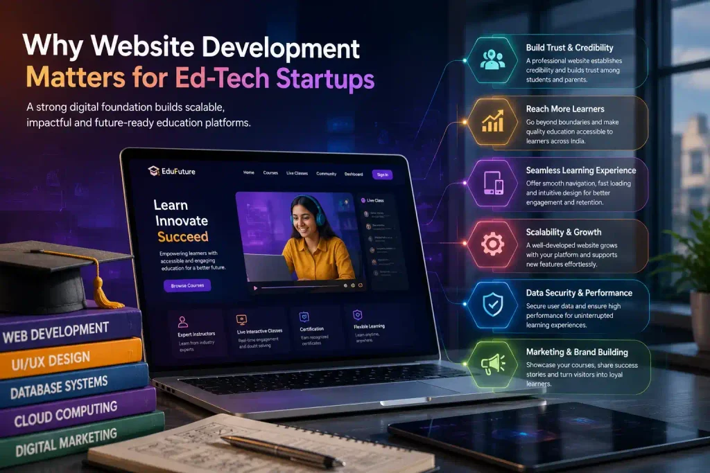 Laptop showing EduFuture platform with six benefits of ed-tech websites listed
