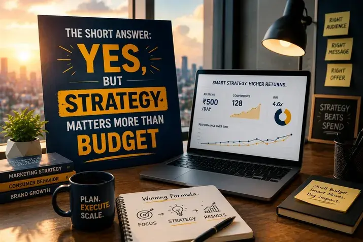Desk with an ROI dashboard and a notebook showing a focus, strategy, results formula
