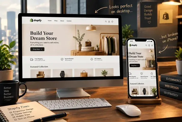 Desktop and iPhone showing a Shopify homepage with a broken mobile layout