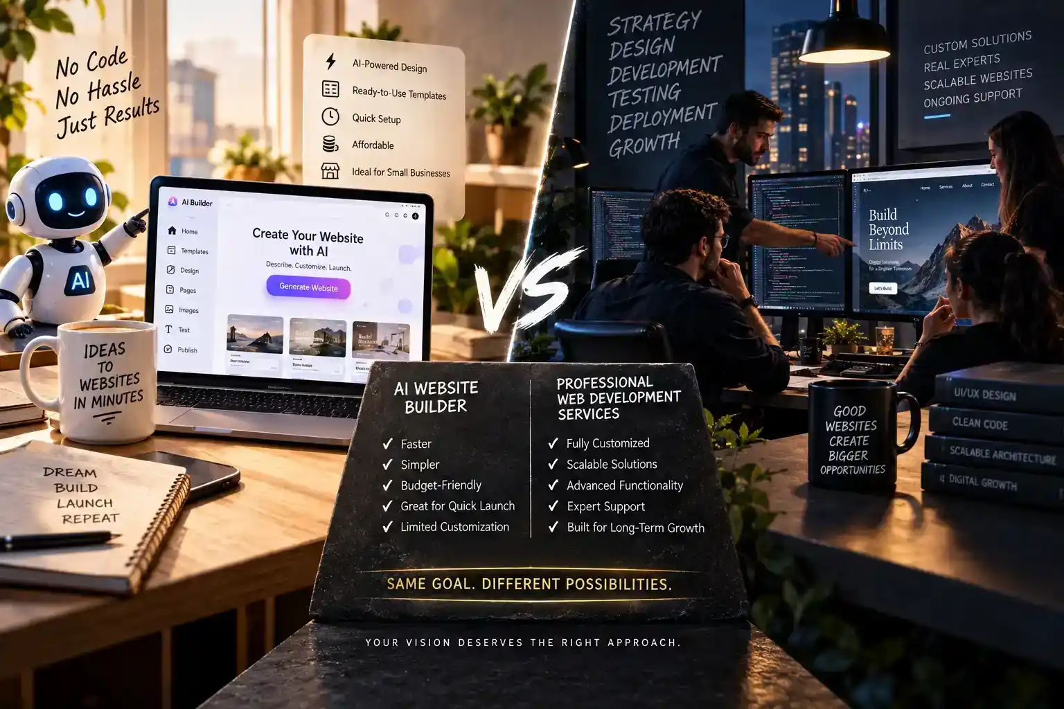  AI website builder vs professional web development services comparison