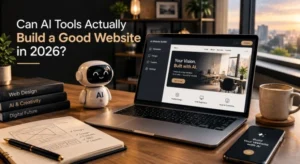 AI tools and laptop on a desk showing whether AI can build a good website in 2026