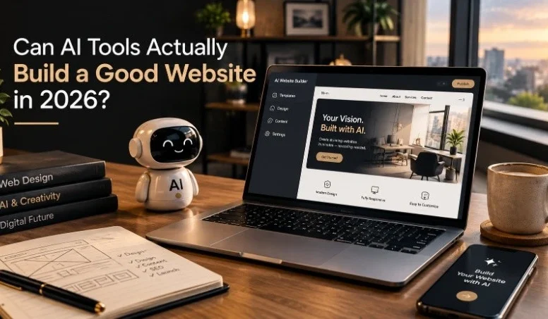 AI tools and laptop on a desk showing whether AI can build a good website in 2026