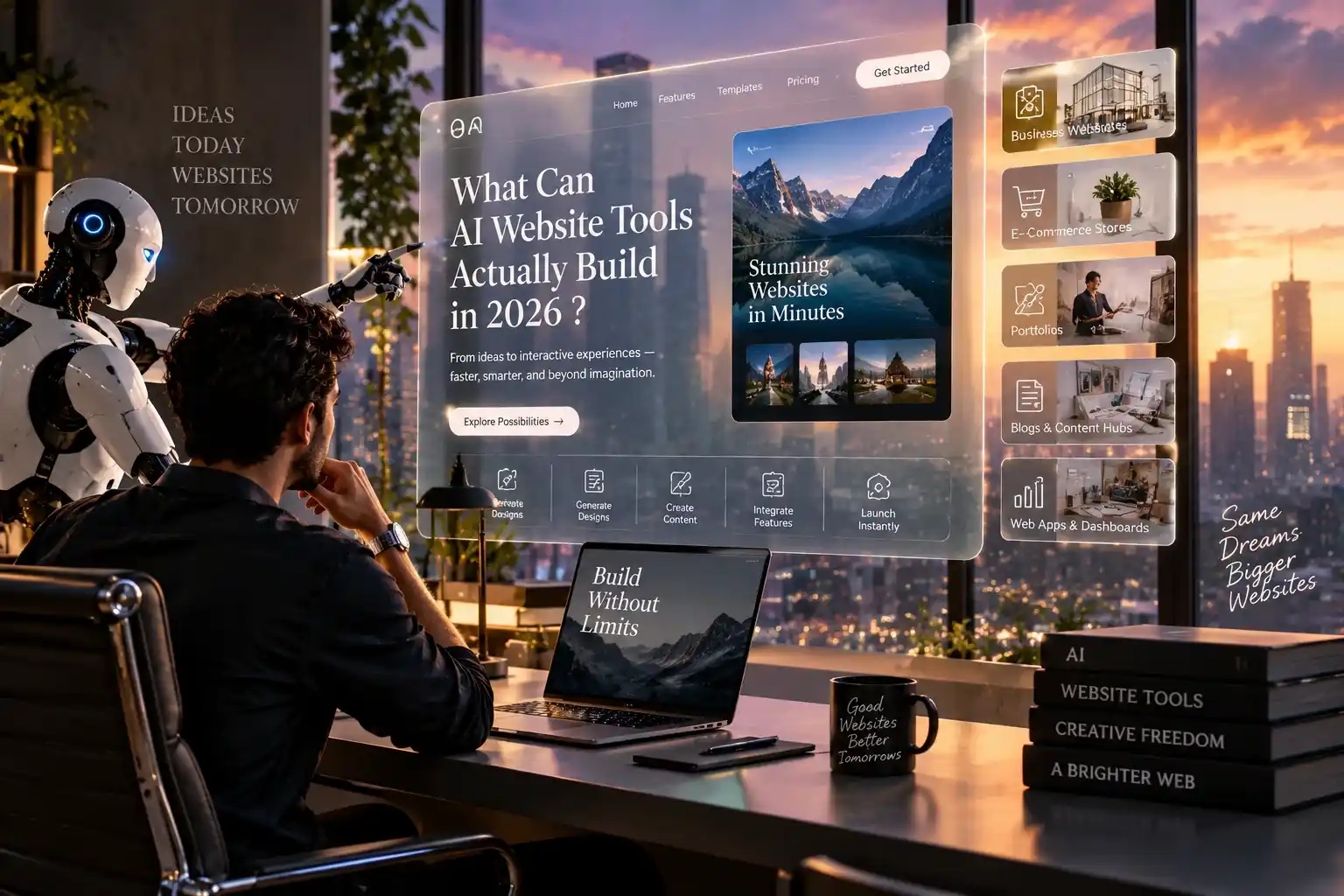  AI robot showing website types AI tools can build in 2026, including e-commerce and portfolios