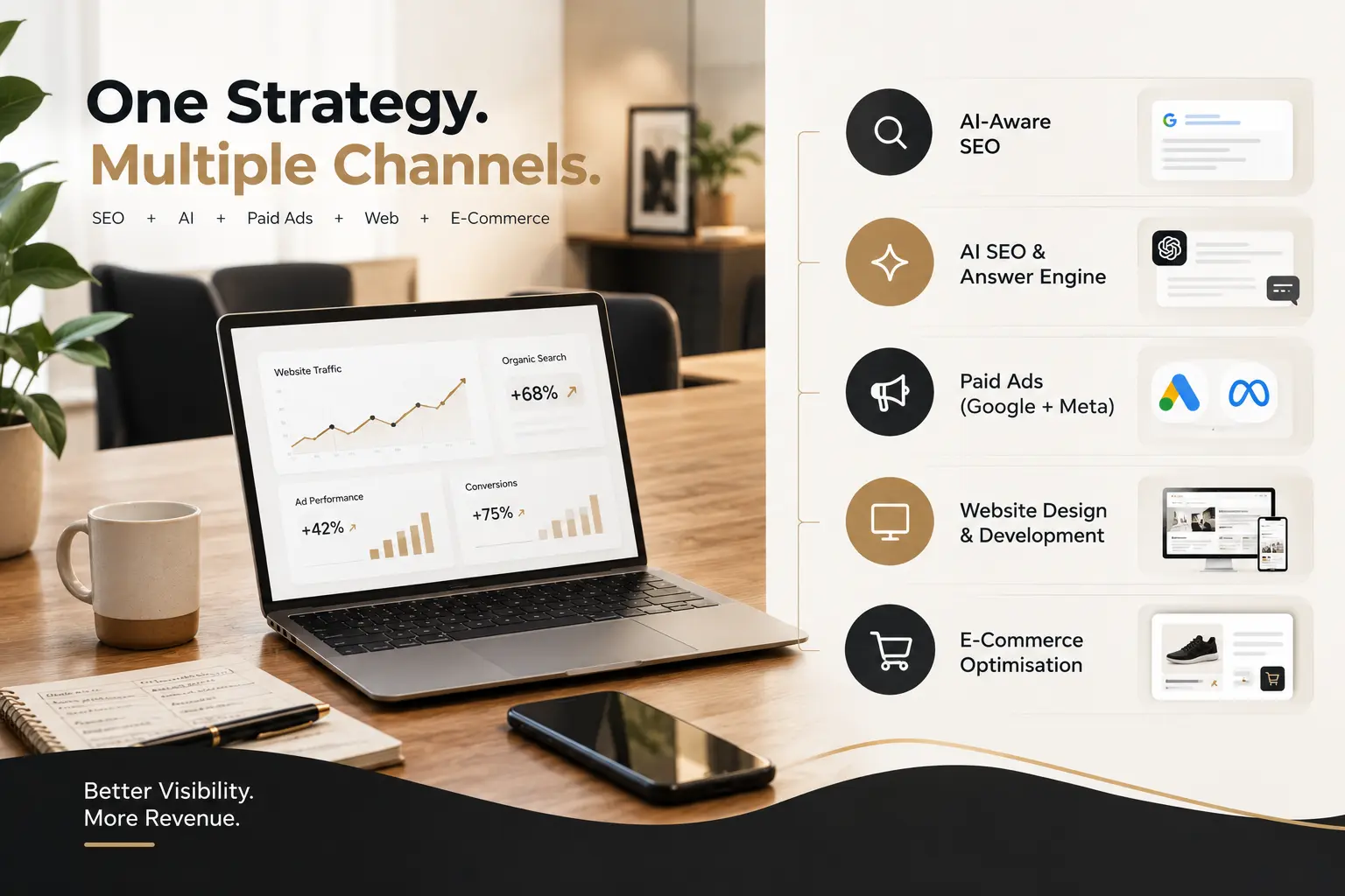 AI-aware SEO, paid ads, web design and ecommerce services in one digital strategy
