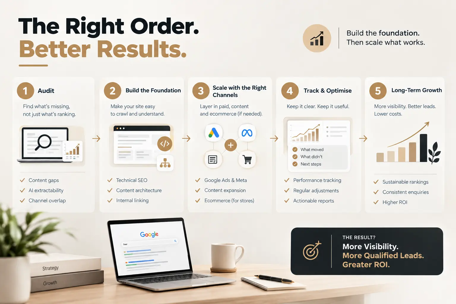 Five-step digital marketing process from audit to long-term growth and higher ROI