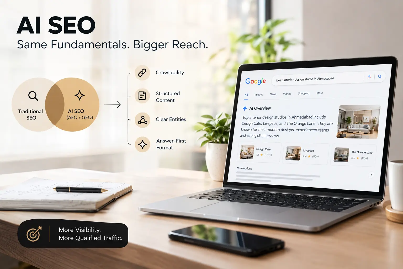 AI SEO and traditional SEO compared: crawlability, structured content, entities, answer-first