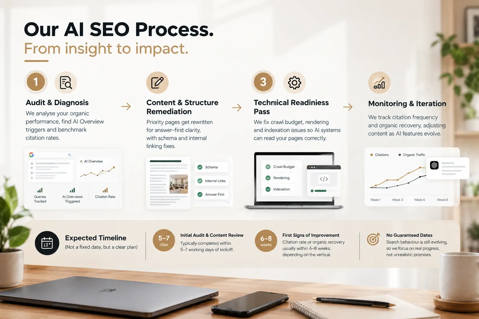 Digifinity’s four-step AI SEO process: audit, content fixes, technical pass and monitoring