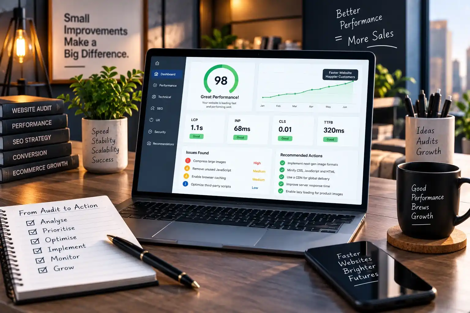 Website performance audit dashboard on a laptop showing a 98 score and Core Web Vitals results