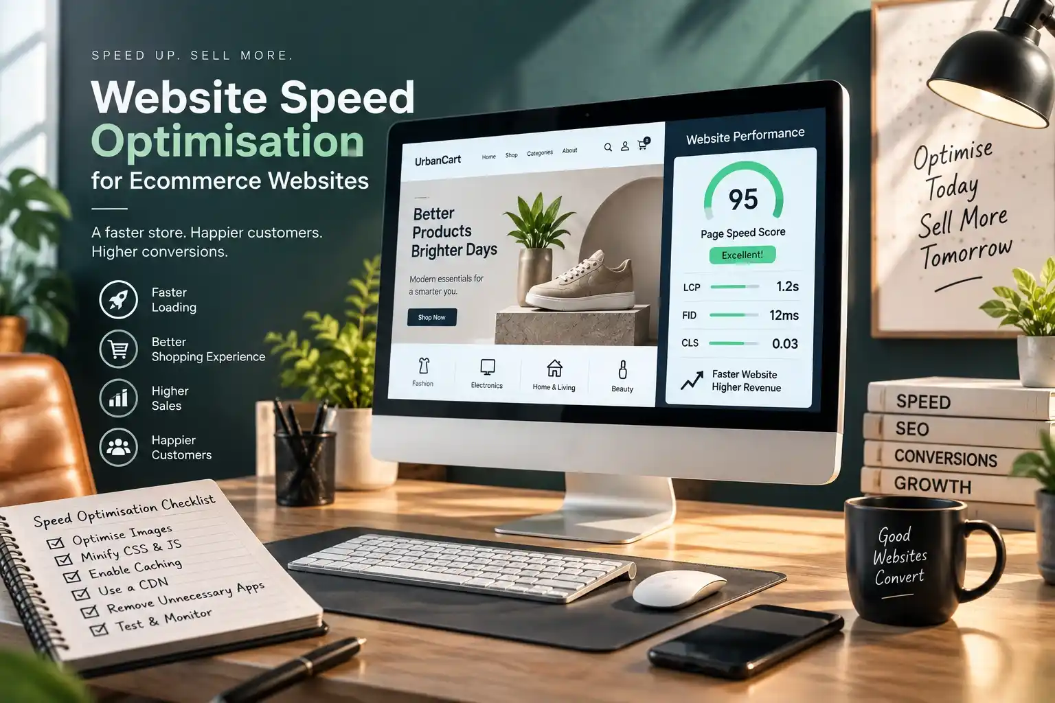  Ecommerce website speed optimisation shown on a desktop with a page speed score and a checklist