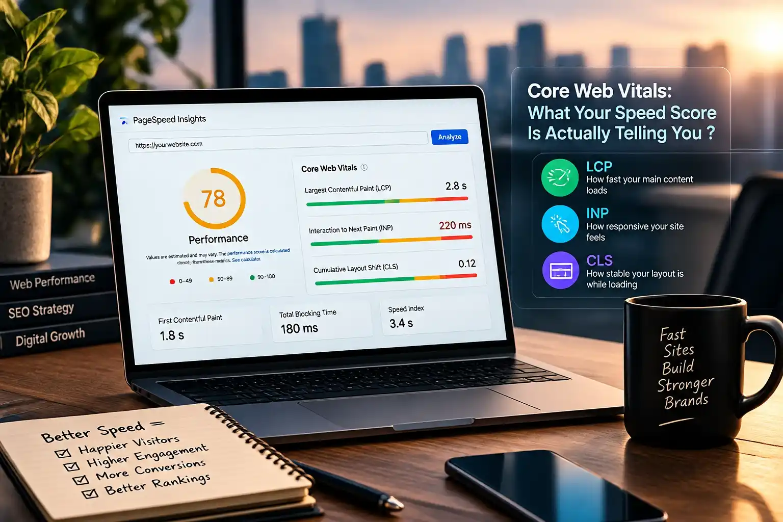 PageSpeed Insights report on a laptop explaining Core Web Vitals: LCP, INP and CLS