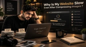 Frustrated man at laptop wondering why his website is slow even after compressing images