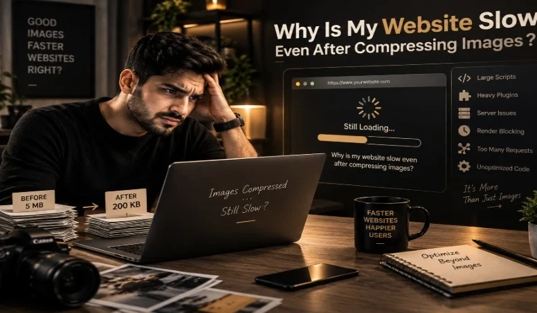 Frustrated man at laptop wondering why his website is slow even after compressing images