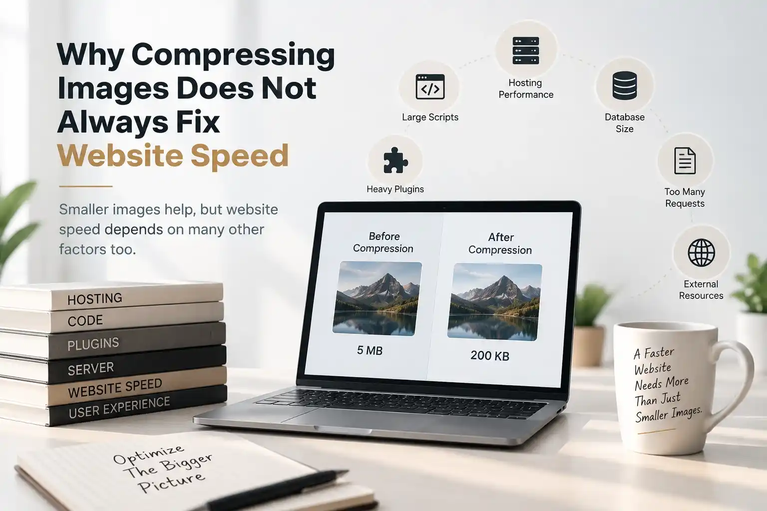  Laptop showing a 5 MB vs 200 KB image comparison with icons for other factors that slow website speed