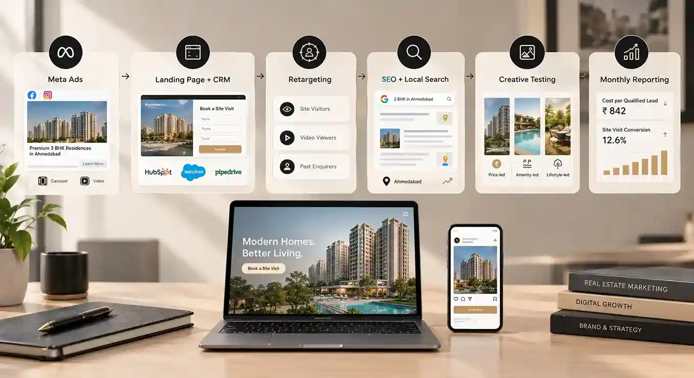 Meta Ads campaign workflow for real estate: landing page, CRM, retargeting and reporting