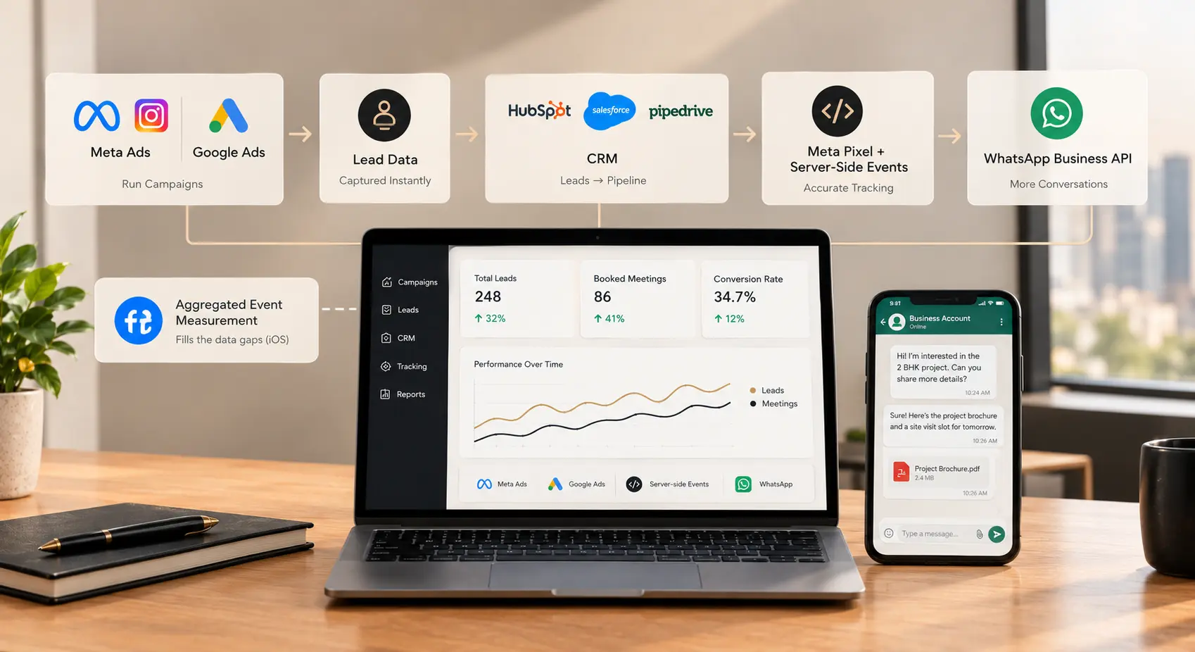 Meta Ads, Google Ads, CRM and WhatsApp tracking stack for real estate lead generation