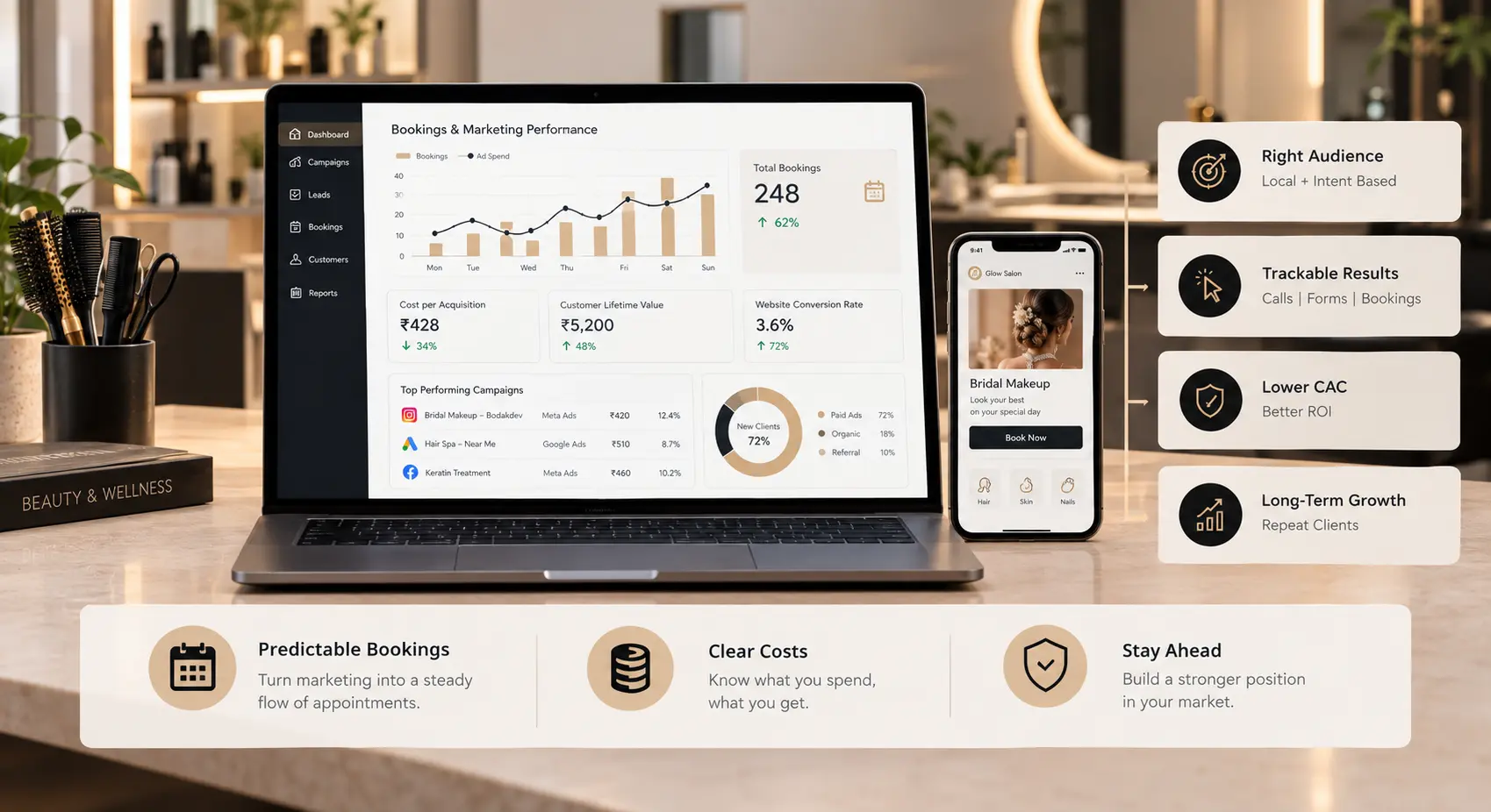 Salon marketing dashboard tracking bookings, cost per acquisition and campaign performance