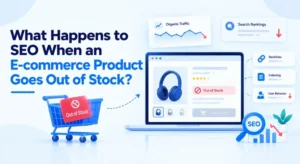 An e-commerce product page showing blue headphones labeled out of stock.