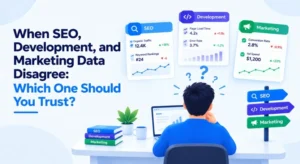 Man looking at conflicting SEO, development, and marketing data dashboards.
